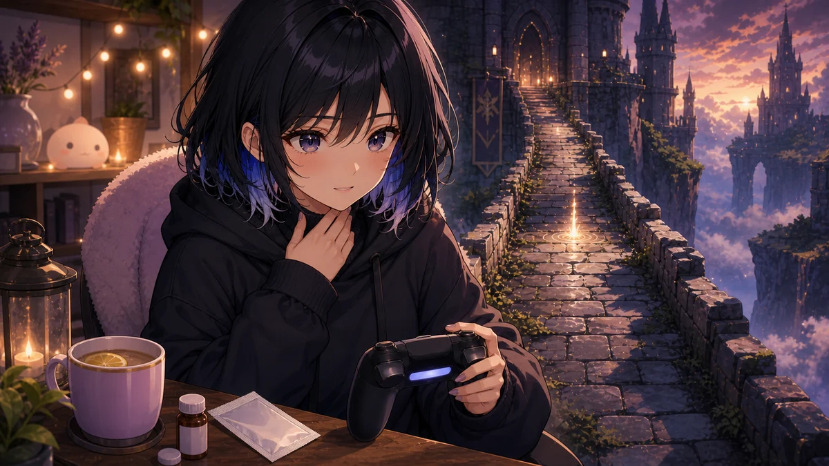 城の足場と配信机を行き来しながら身構える女性キャラクターのイメージ