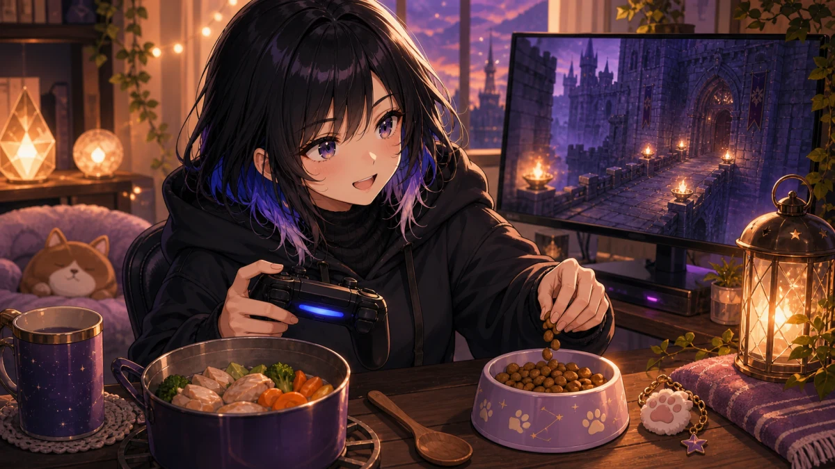 ゲーム画面の前で犬用の食器と温かい鍋を気にする配信部屋のイメージ