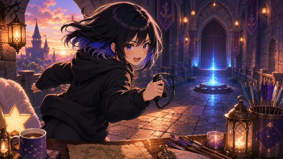 城門の奥へ走り抜けながらチェックポイントを探す女性キャラクターのイメージ
