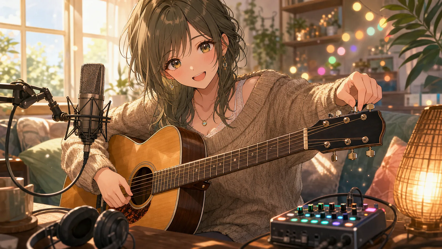 昼の配信部屋でアコースティックギターを調整しながらコメント欄へ笑いかけるオリジナル女性キャラクターのイメージ