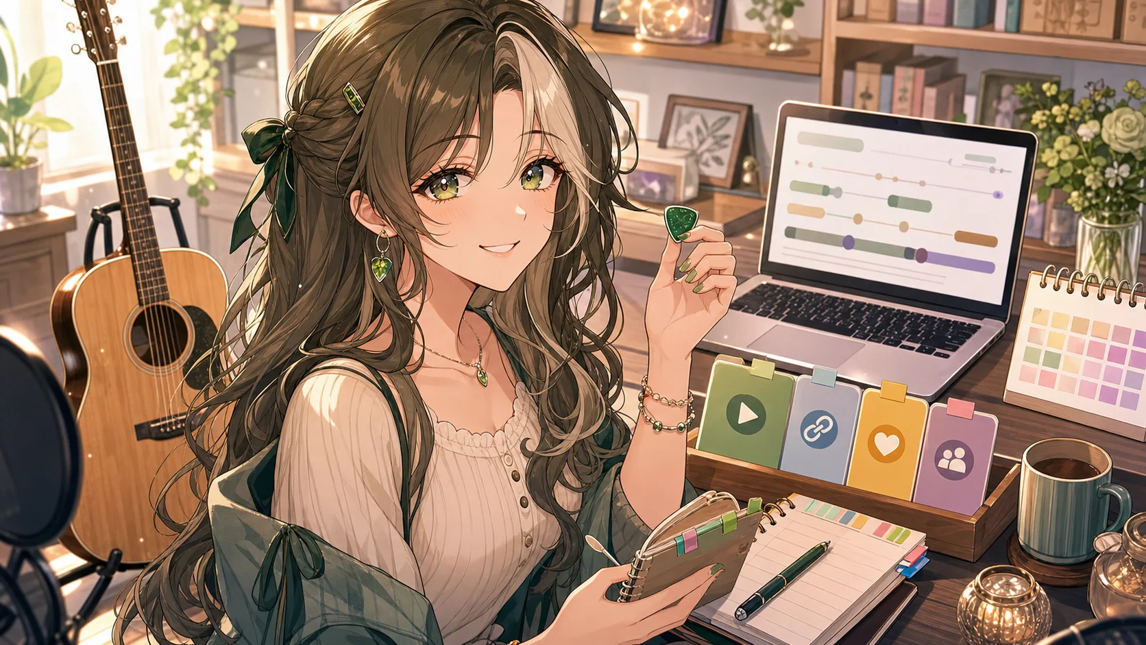 配信机でアコギとアーカイブメモ、公式リンクの小物を整理するオリジナル女性キャラクターのイメージ
