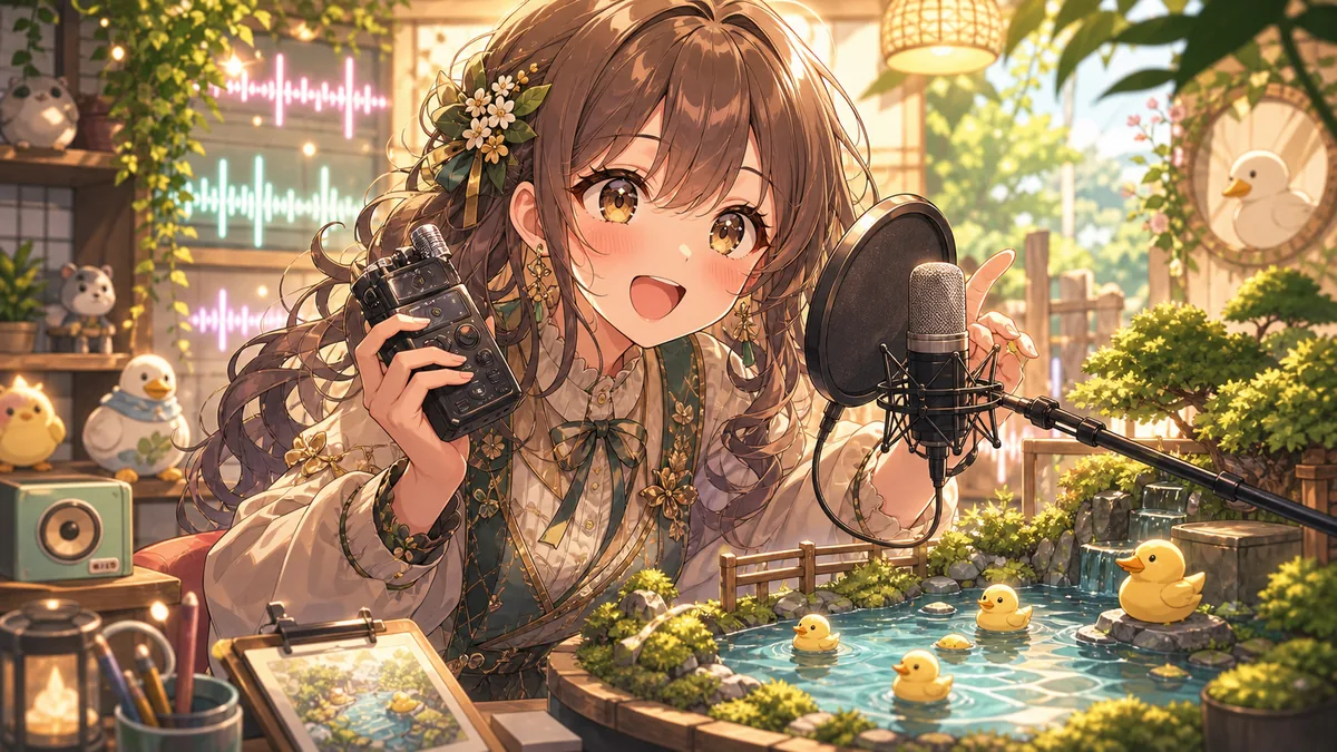 池のそばの録音ブースで声を録る、表情豊かなオリジナルキャラクターのイメージ