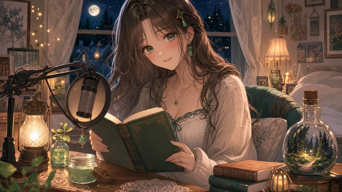寝る前の読書机で少し不穏な物語を朗読するオリジナル女性キャラクターのイメージ
