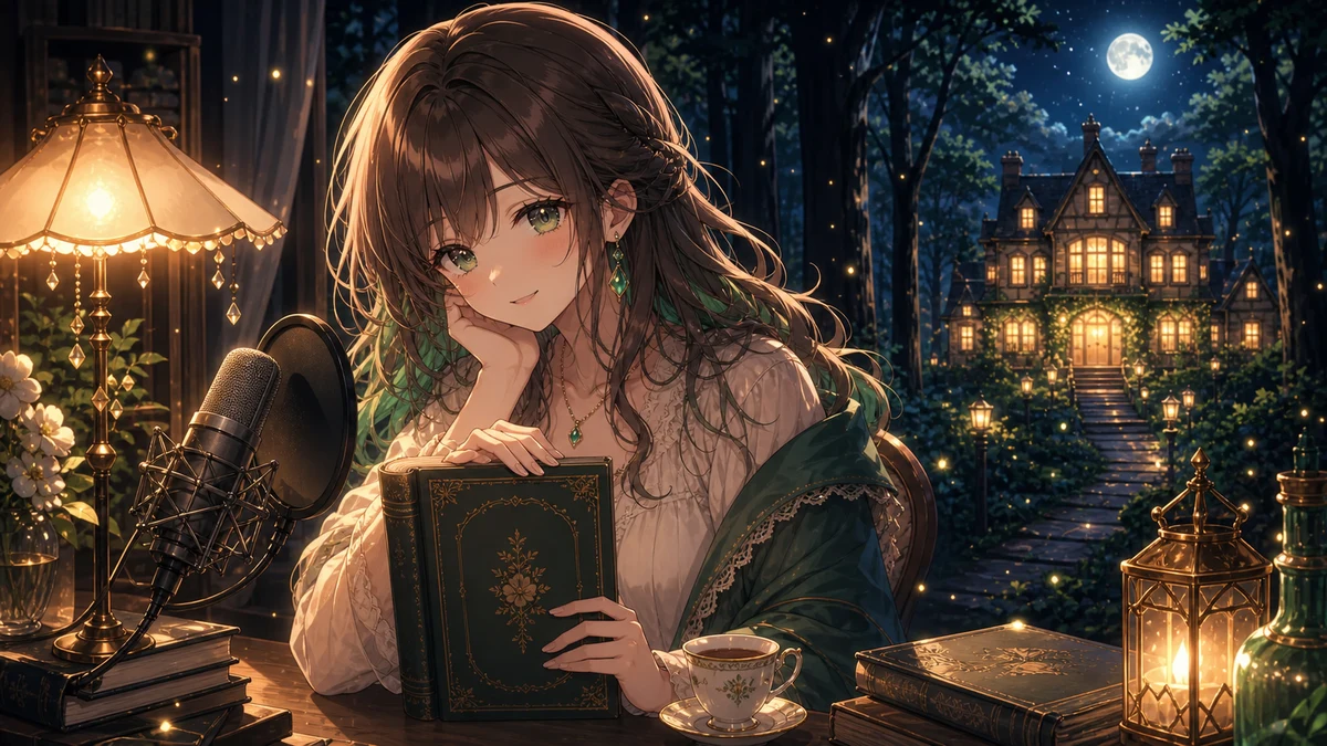 森の奥の明るい洋館を見つけ、配信机の本を開いて朗読するオリジナル女性キャラクターのイメージ