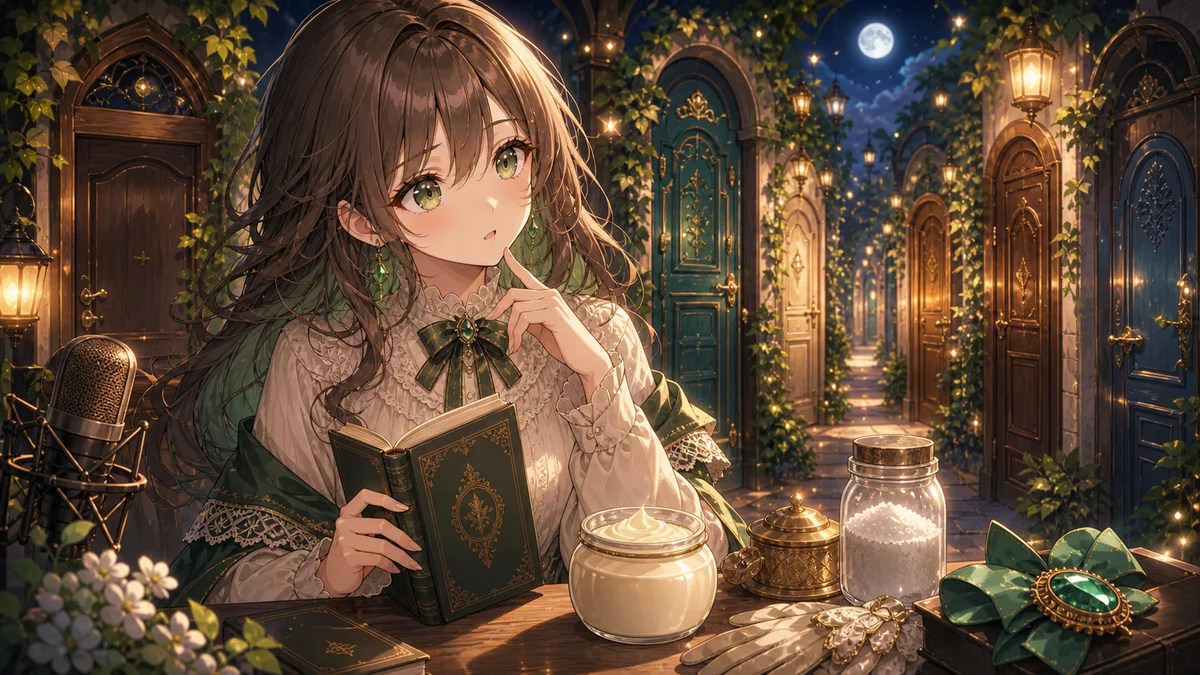 何枚もの扉とクリーム壺、塩の瓶を前に読書ノートを見比べるオリジナル女性キャラクターのイメージ