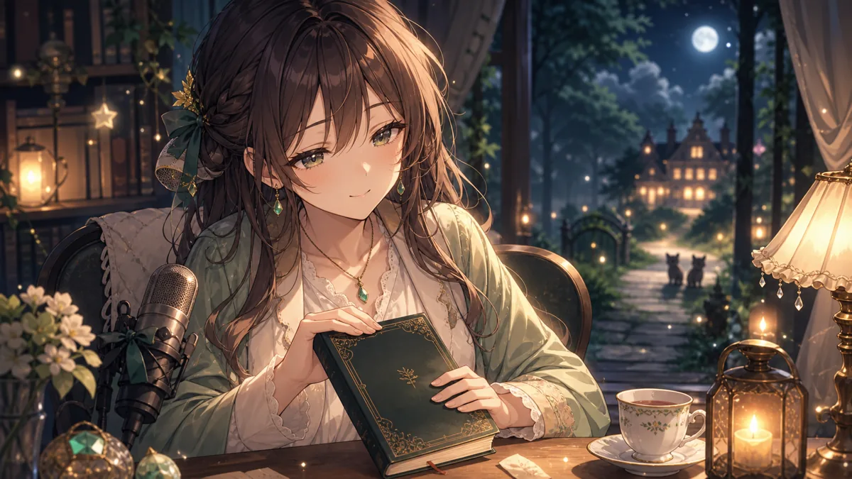 物語の終盤を読み終え、月明かりの読書机で余韻を整理するオリジナル女性キャラクターのイメージ