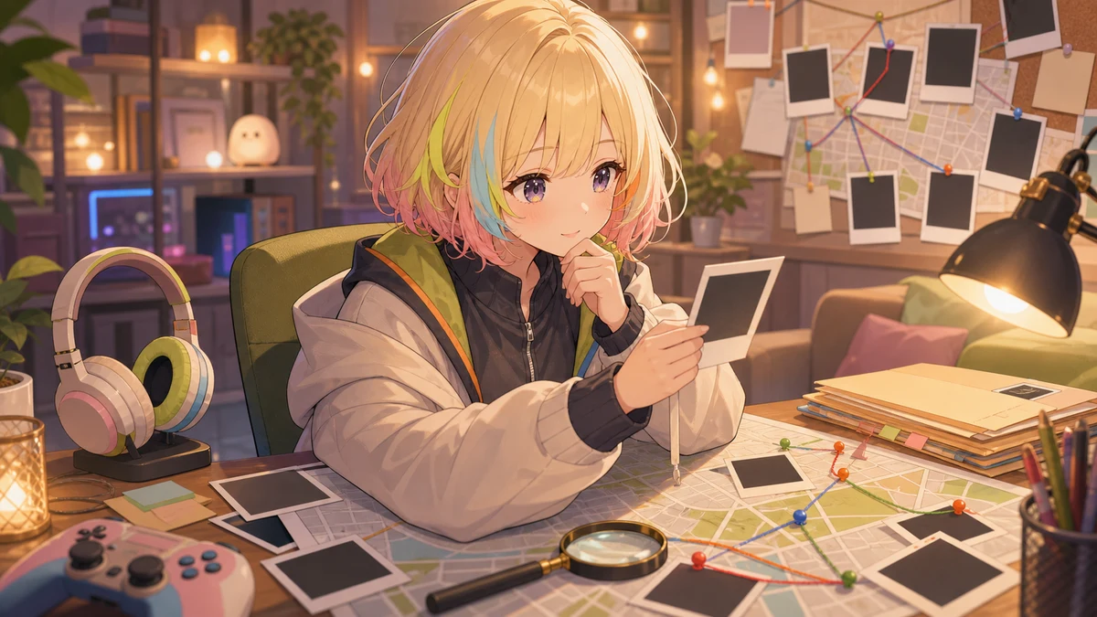 資料棚と調査メモが並ぶ部屋で事件の線を追う女性キャラクターのイメージ