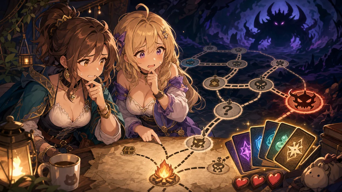 分岐するマップとカードを見比べながら悩む二人のオリジナル女性キャラクターのイメージ