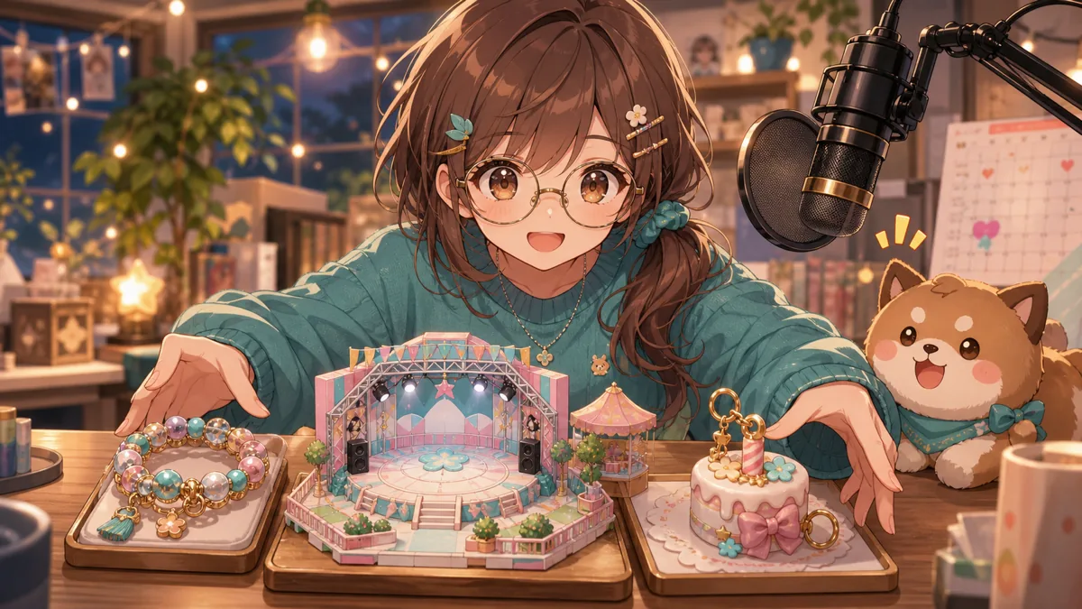 配信机で三つの告知カードを見比べるかわいいオリジナルキャラクターのイメージ