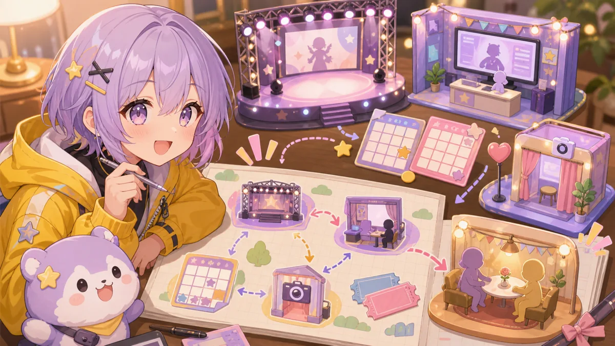 東京のイベント会場風の明るいステージでチケットとビンゴカードを持つかわいいオリジナルキャラクターのイメージ