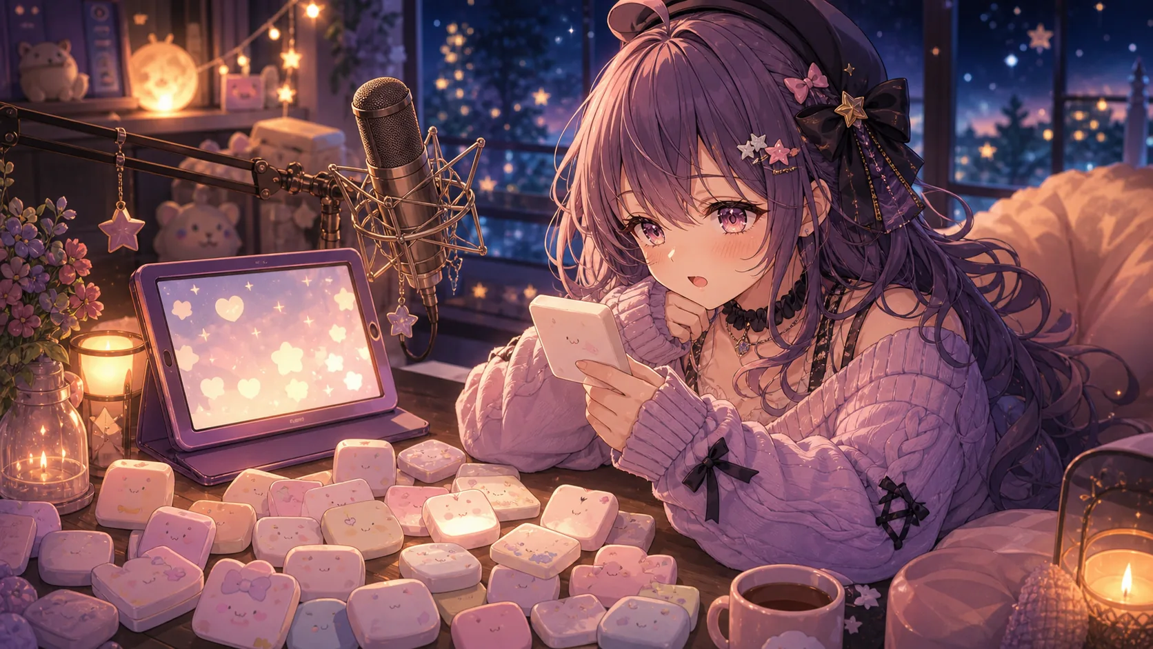 マシュマロ風のメッセージカードを配信部屋で読み込むオリジナルキャラクターのイメージ
