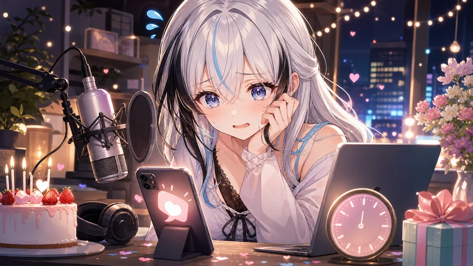 夕方に決めた初凸待ちでDiscord通知を気にするオリジナル女性キャラクターのイメージ