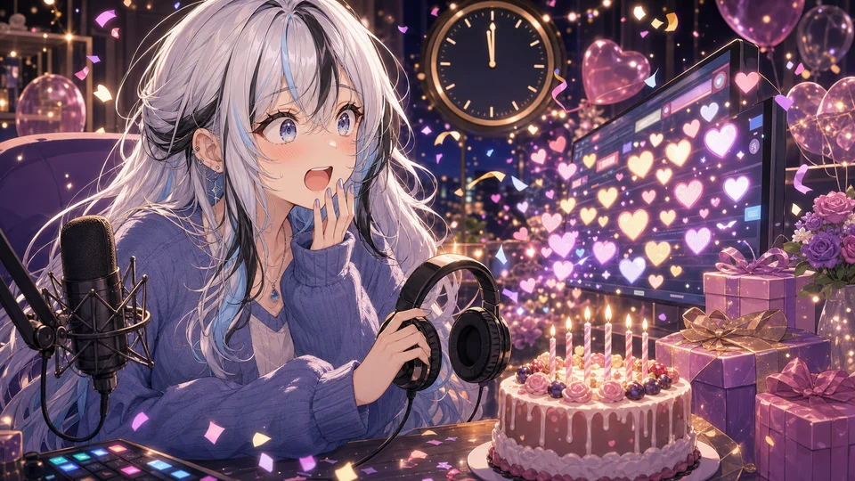 日付変更のラグで先に祝福コメントが流れ驚くオリジナル女性キャラクターのイメージ