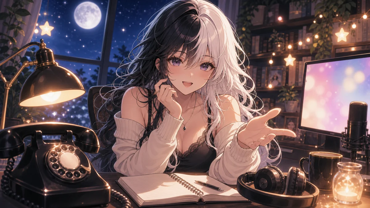 月明かりの配信部屋で黒電話とゲーム画面に向き合う女性キャラクターのイメージ