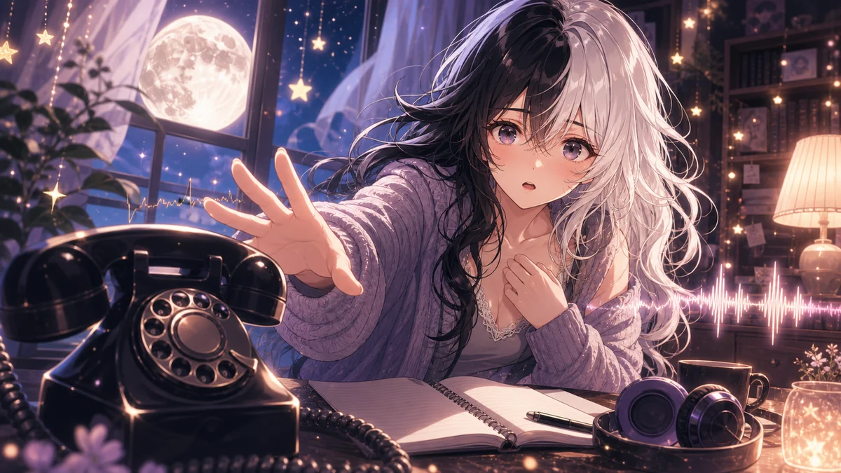 黒電話の受話器に手を伸ばしながら月明かりの部屋で戸惑う女性キャラクターのイメージ