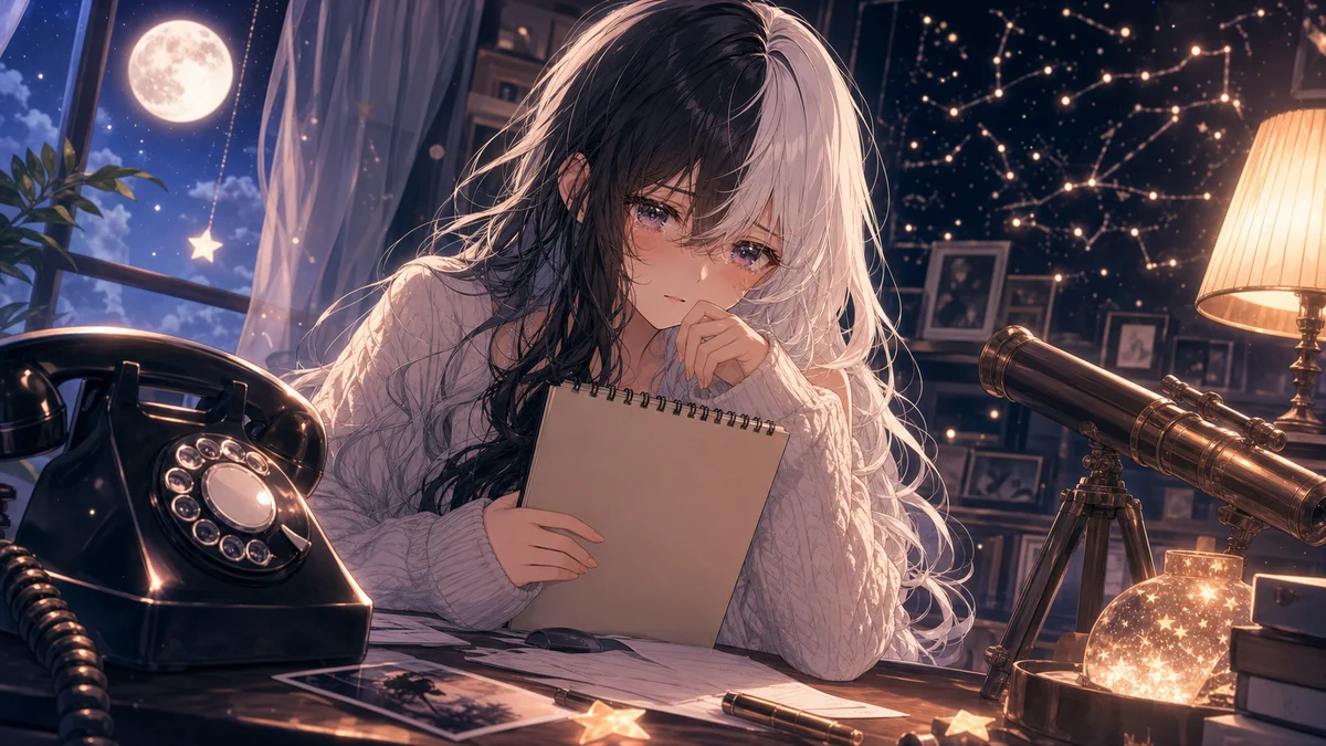星空と望遠鏡を背景に電話の声へ耳を澄ませる女性キャラクターのイメージ