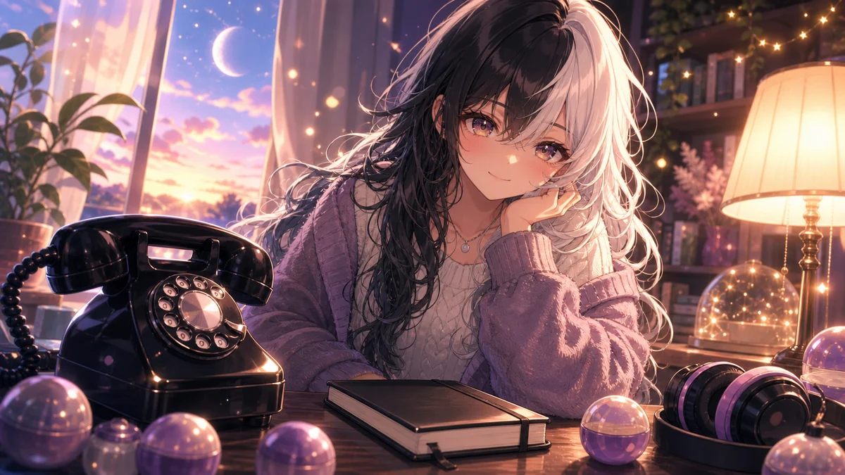 夜明け前の配信机で黒電話と閉じたノートを前にほほえむ女性キャラクターのイメージ