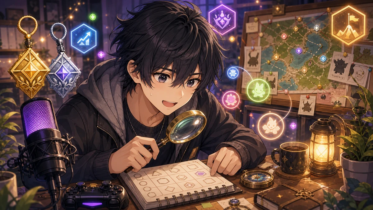ゲーム内マップ風の抽象背景を前に、虫眼鏡とチェックリストを持つ男性キャラクターのイメージ