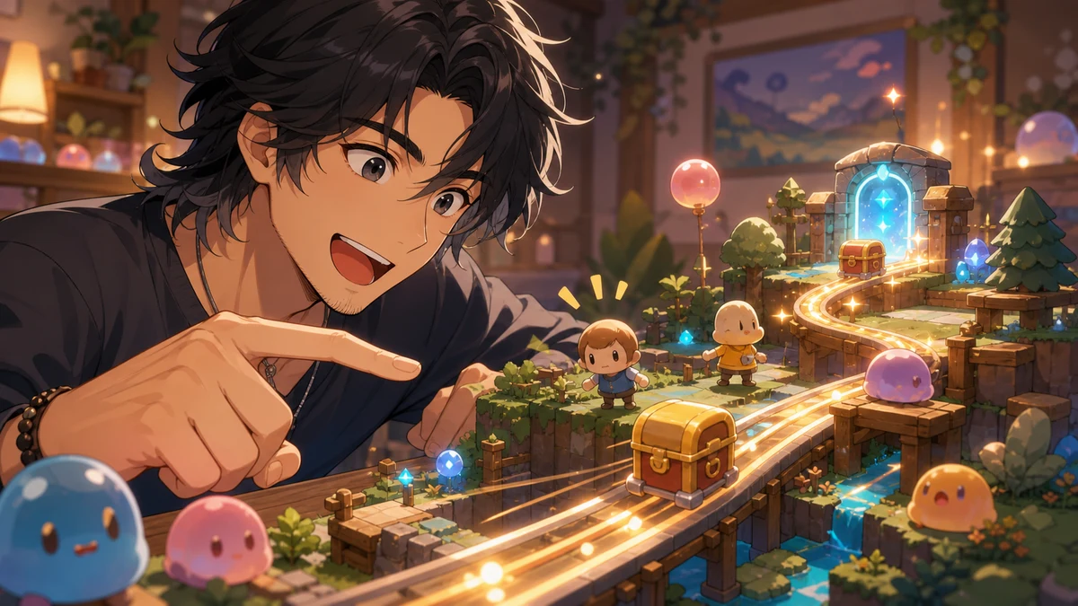 小さな宝箱と光るレールを前に弾むように身構えるオリジナル男性キャラクターのイメージ