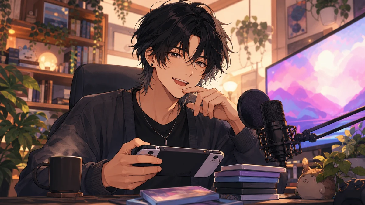 配信机の横に小さなカレンダーとゲームケースを並べてコメント欄を確認するオリジナル男性キャラクターのイメージ