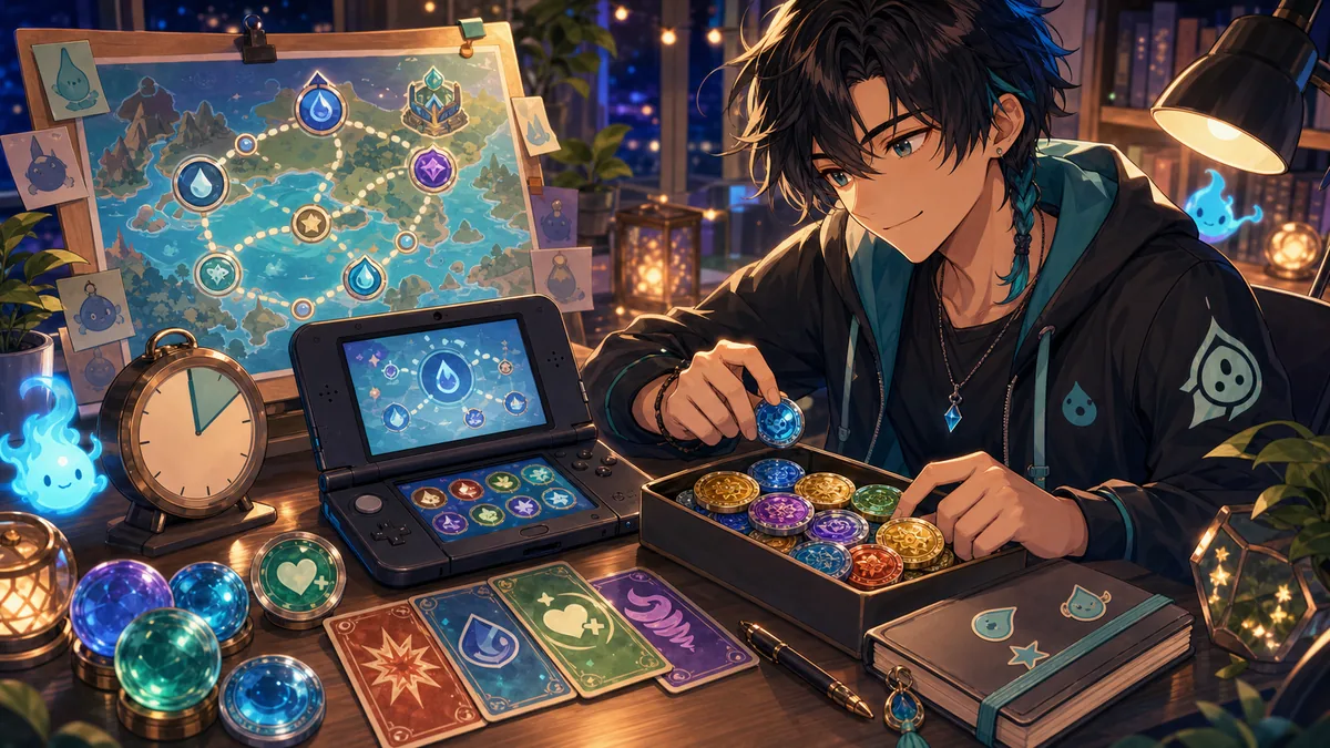 かっぱチームのミッションを選びながら次回の配信メモを整理するオリジナル男性キャラクターのイメージ