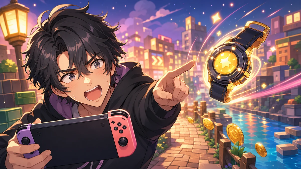 川沿いで光る時計を追いかけるゲーム配信のイメージ