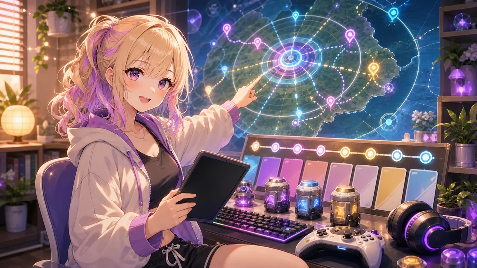 配信アーカイブの確認メモとリング図、公式リンクカードを机に並べたオリジナル女性キャラクターイラスト
