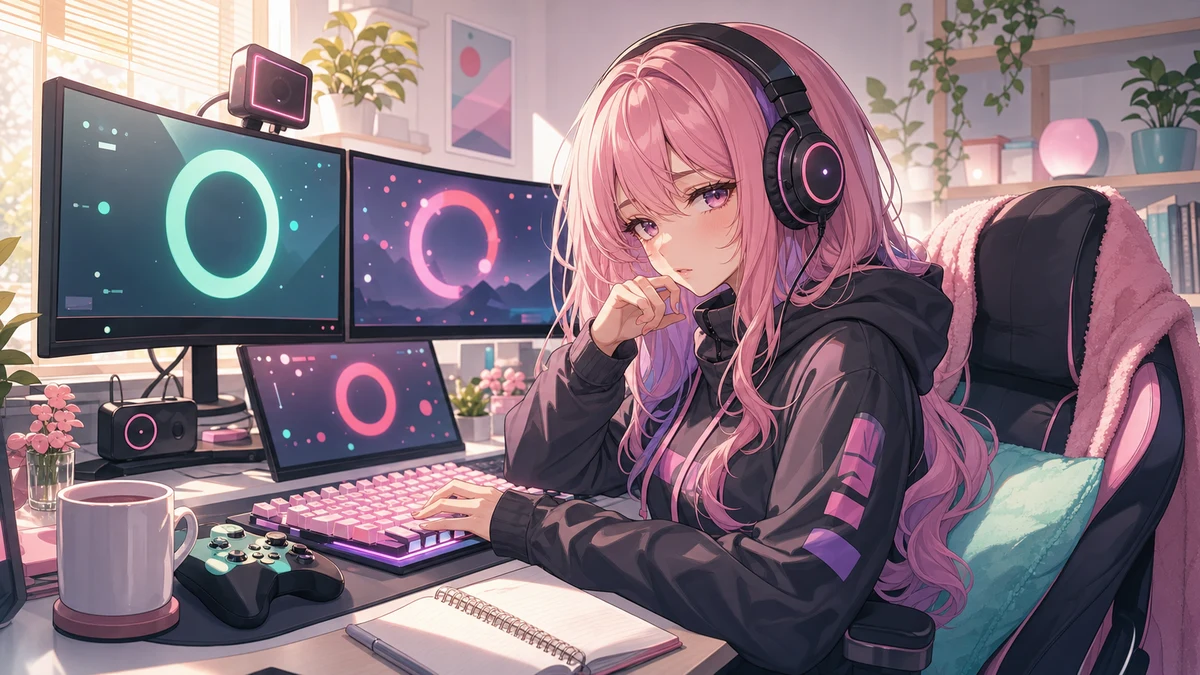 明るい配信部屋でヘッドセットを着けたオリジナル女性キャラクターが近未来バトル画面を見つめるイメージ