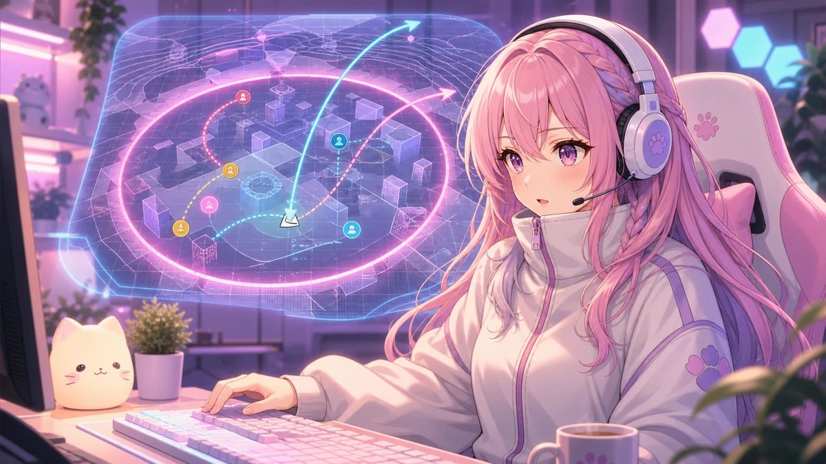 抽象的なリング表示と飛行ルートを背景に近未来アリーナへ踏み出すオリジナル女性キャラクターのイメージ