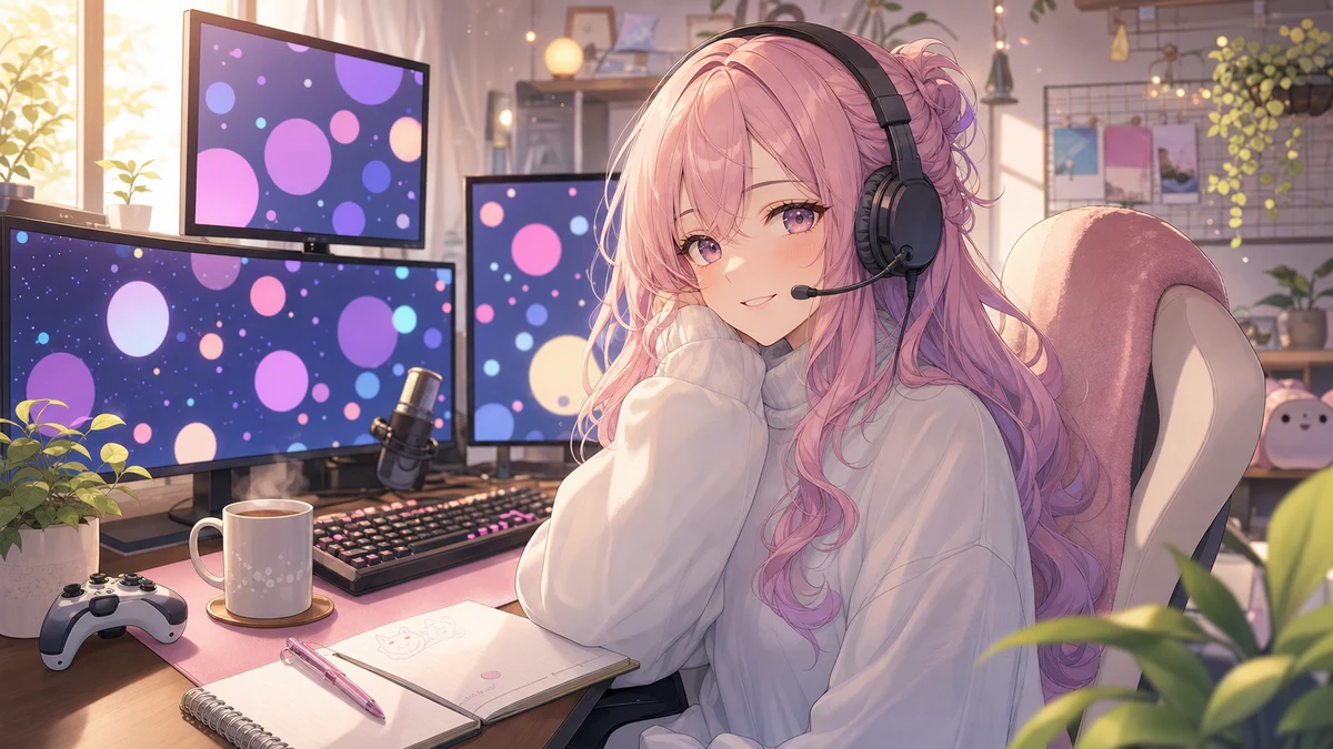 ゲーム画面の横に飲み物とメモを置いた明るい配信デスクで話すオリジナル女性キャラクターのイメージ