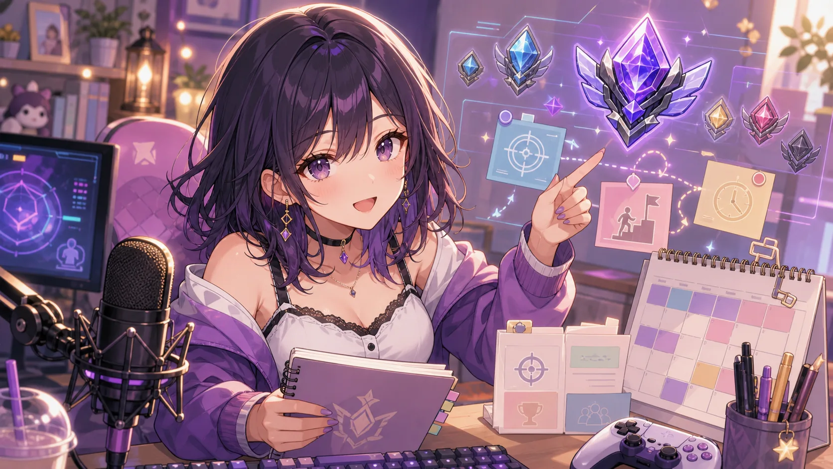 FPS目標のメモと明るいゲーム配信机を前に考えるオリジナル女性キャラクターイラスト