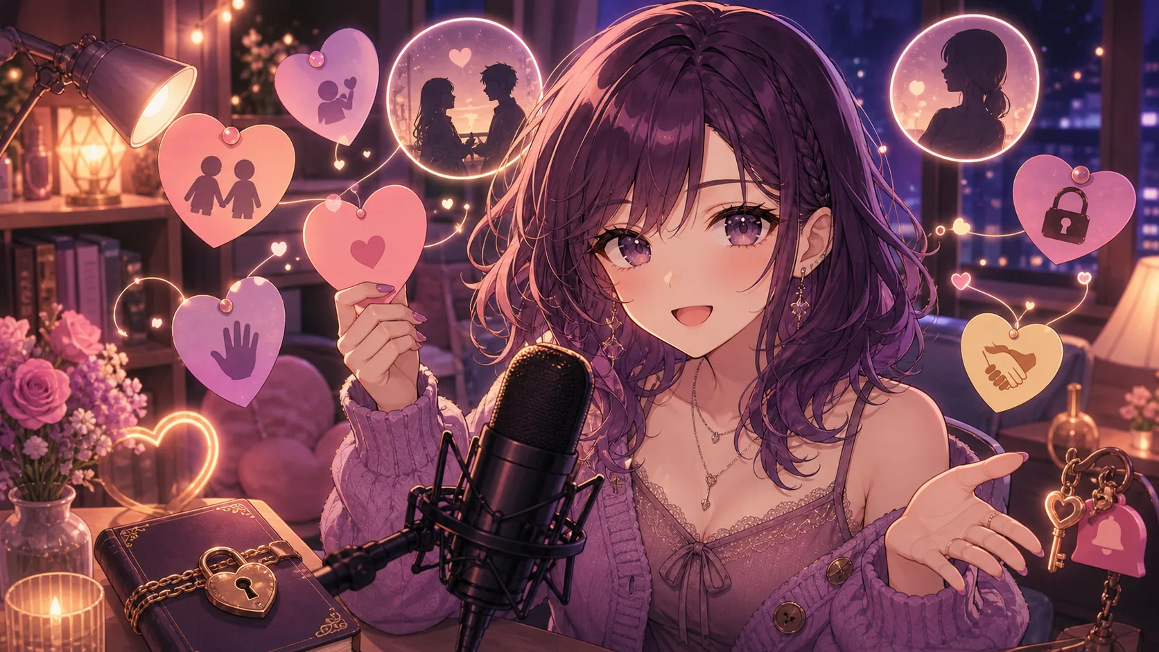 恋愛相談カードとハート形の小物を前に落ち着いて話すオリジナル女性キャラクターイラスト
