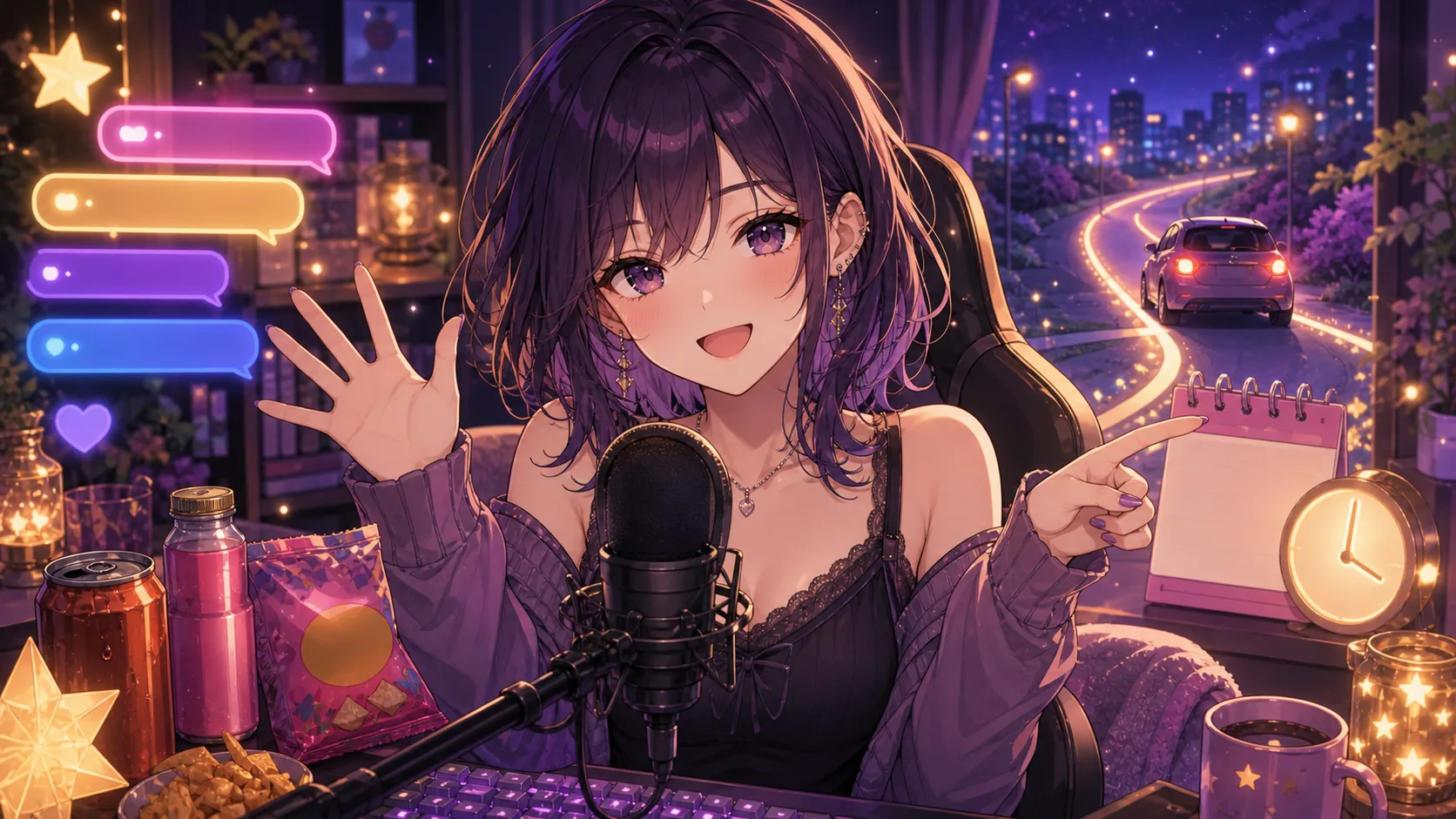 スパチャ読みの配信机と翌日のドライブ予定を確認するオリジナル女性キャラクターイラスト