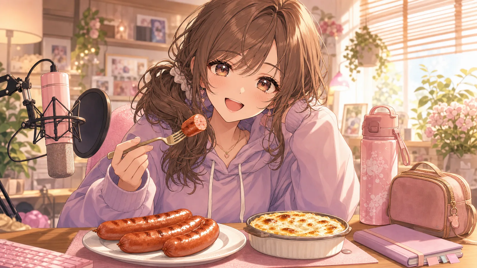 昼ごはんと休日前の配信メモを並べるオリジナル女性キャラクターのイメージ