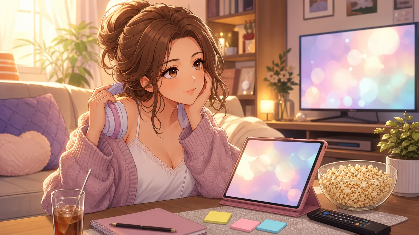 映画チケットとアニメ視聴メモを配信机に並べるオリジナル女性キャラクターのイメージ