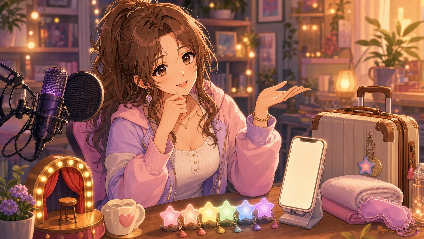 芸人トークのメモとGWカレンダーを見比べるオリジナル女性キャラクターのイメージ