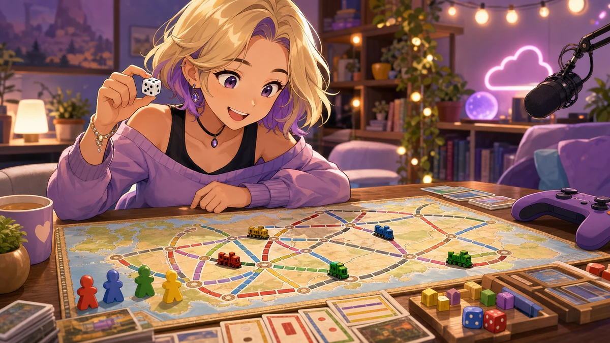 ボードゲーム卓で路線図とサイコロを見比べる金髪の女性キャラクターのイメージ