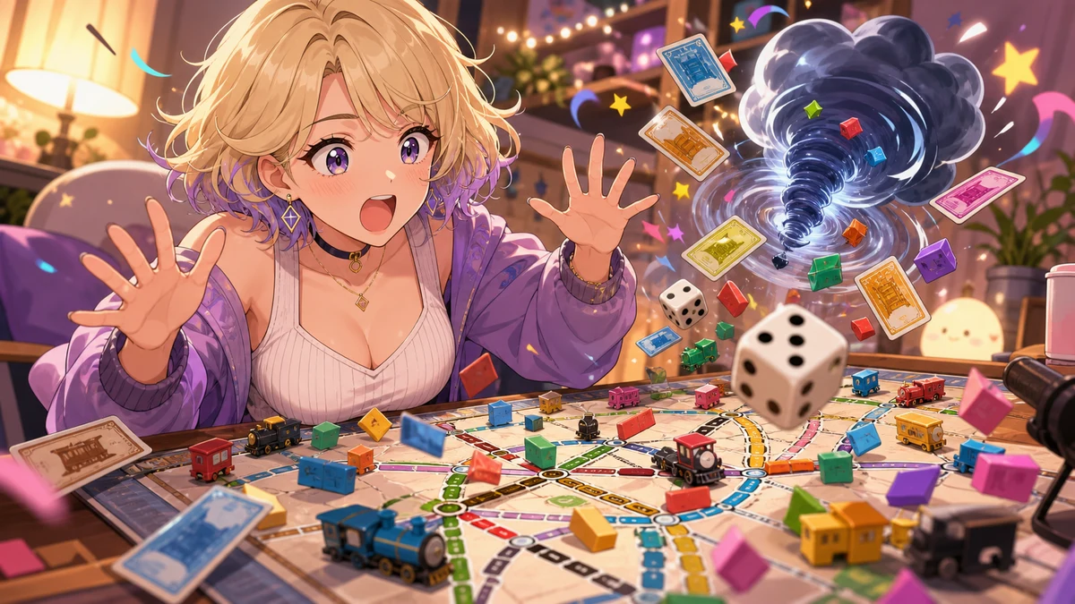 散らばったカードと物件コマの前で驚く金髪の女性キャラクターのイメージ