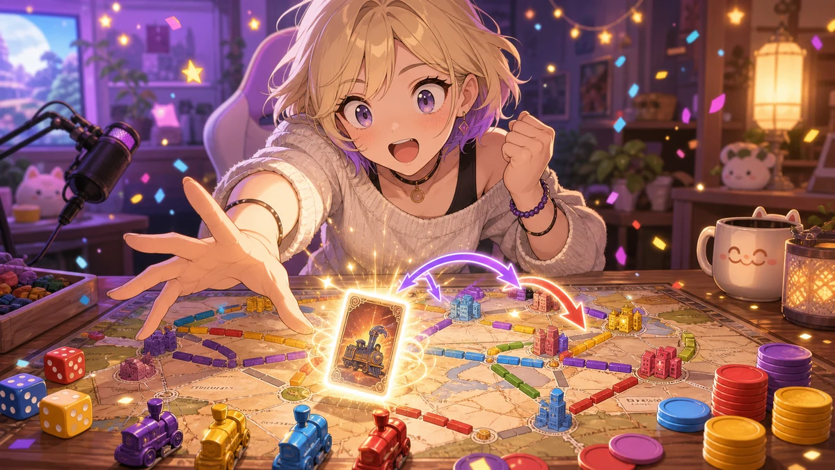 光るカードと入れ替わった物件コマを囲む金髪の女性キャラクターのイメージ