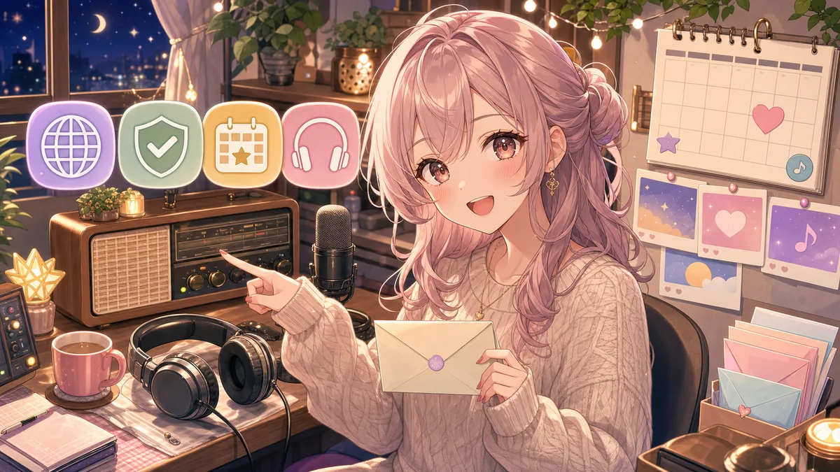 ラジオ同時視聴前に公式リンクと封筒を整理するオリジナルキャラクターのイメージ