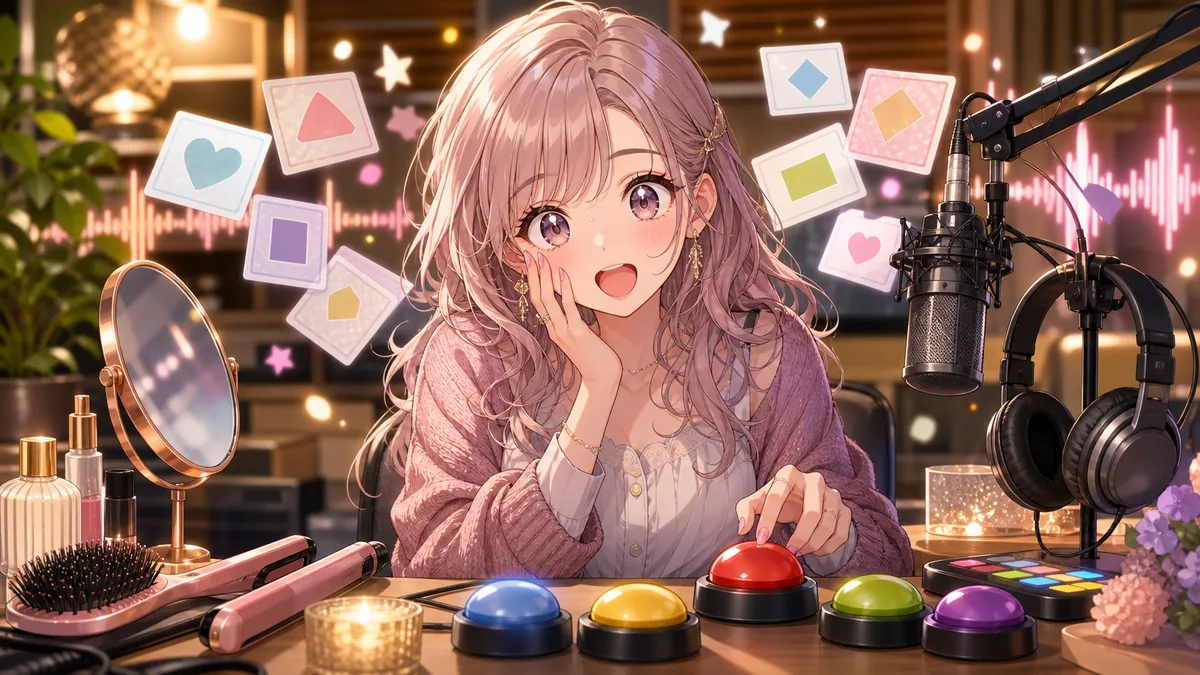美容トークとラジオのクイズコーナーを聞きながら笑うオリジナルキャラクターのイメージ