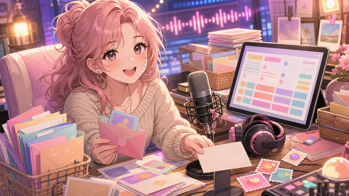 リスナーからの封筒とラジオ投稿フォームを整理するオリジナルキャラクターのイメージ