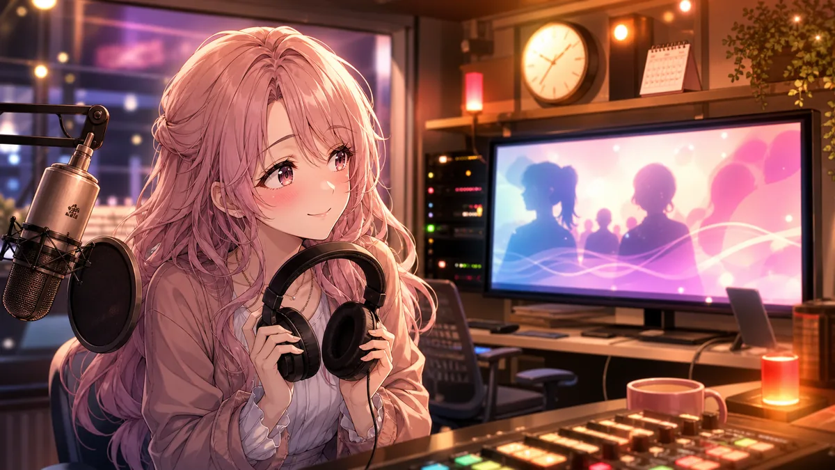 収録モニターとラジオの余韻を見ながら次回放送へ向かうオリジナルキャラクターのイメージ