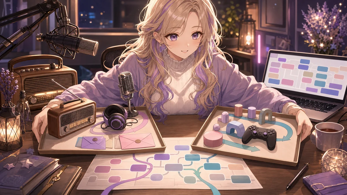 ラジオ機材と封筒、ゲームパッドの小物を並べて公式導線を整理するオリジナルキャラクターのイメージ