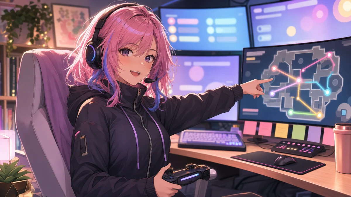 明るい配信部屋で複数モニターを前に作戦を確認するピンク髪のオリジナル女性キャラクター