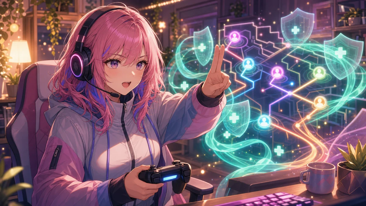 光る回復エフェクトと抽象的な前線ラインを前に仲間へ合図するオリジナル女性キャラクター