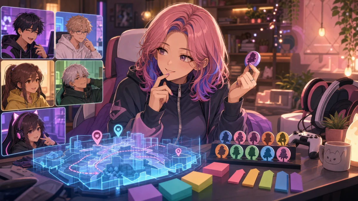 カラフルな抽象ヒーローアイコンとマップ模型を見比べる配信者風オリジナル女性キャラクター
