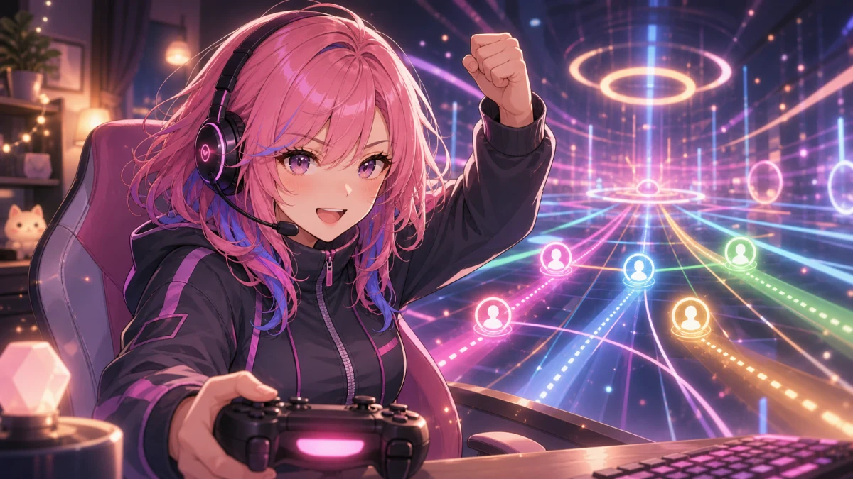 ネオンの抽象アリーナで最後の一戦へ向かうピンク髪のオリジナル女性キャラクターと小さな光の軌跡
