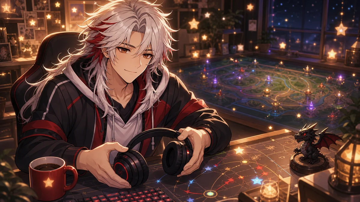 白髪の男性キャラクターが配信後の机でヘッドセットと小さなドラゴン人形を片付けるイラスト