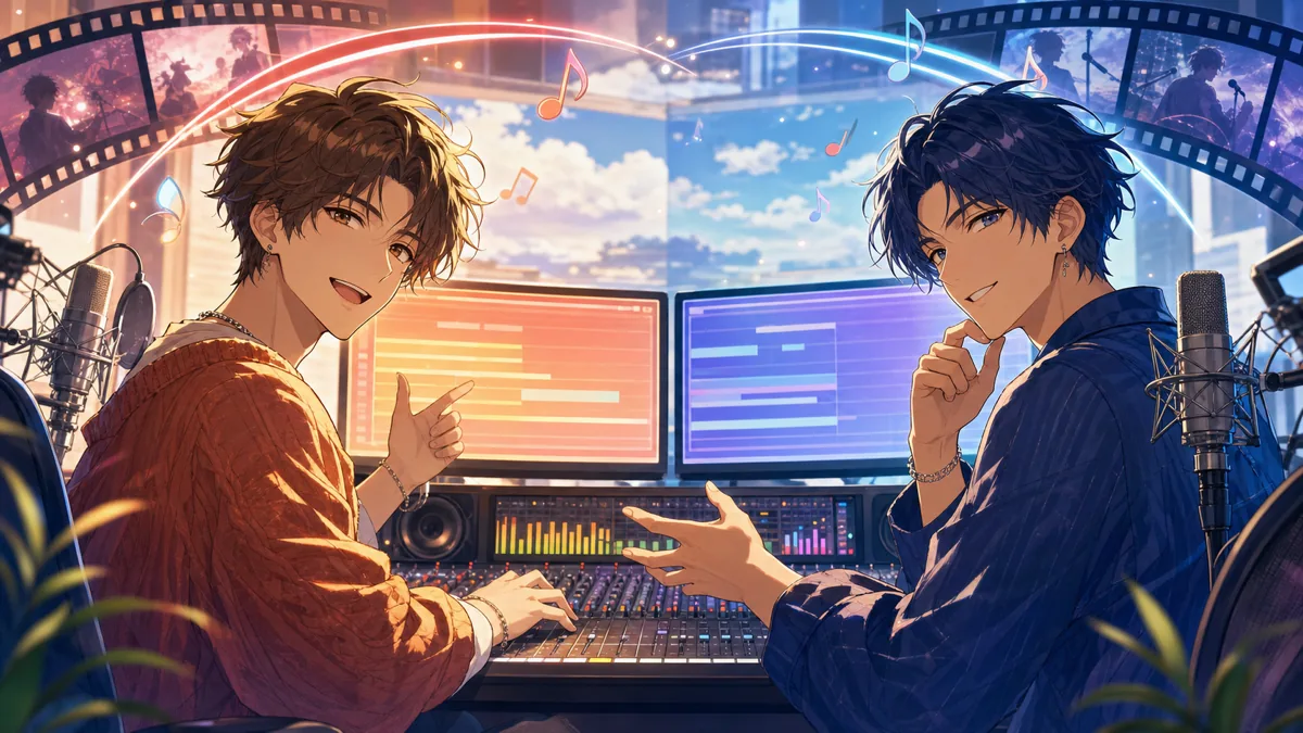 原曲動画への導線と二人の声の役割を整理する明るい音楽スタジオのオリジナル男性キャラクターたちのイメージ